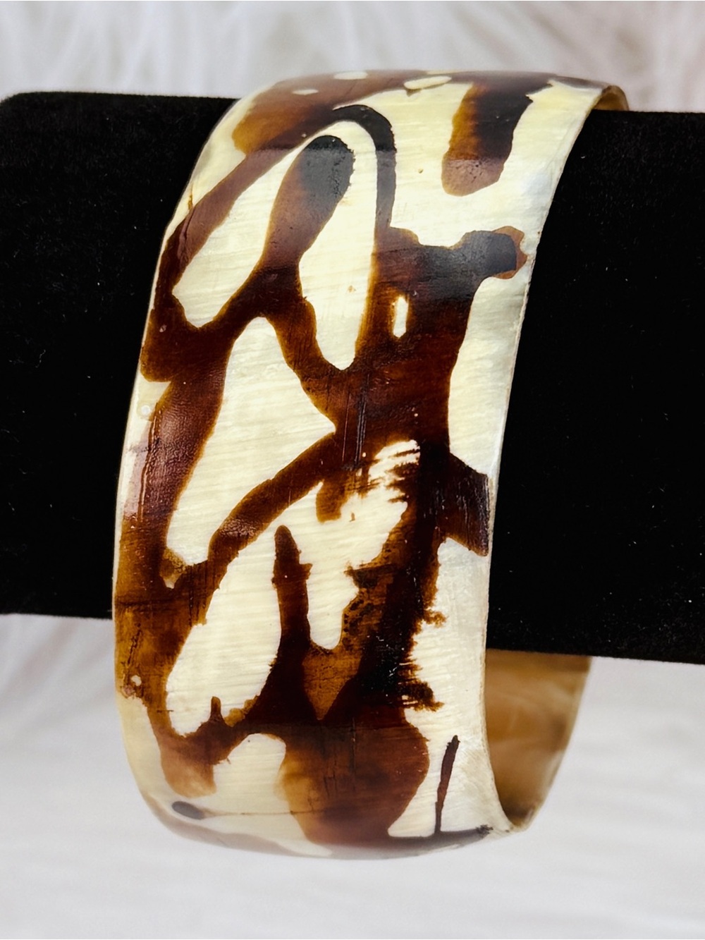 Bohemian chic, white band, cream and brown bangle bracelet